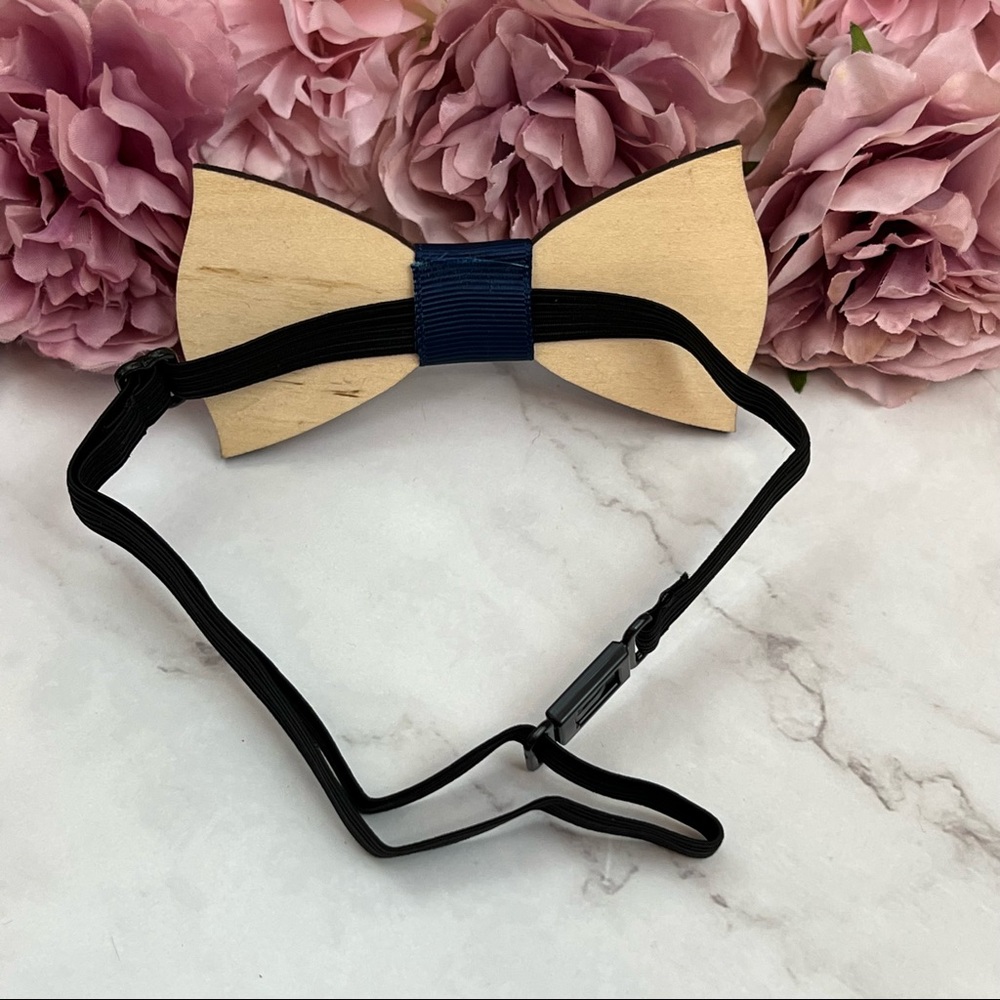 Hand Crafted Blue and White Geometric Wood Butterfly Bow Tie - Picture 10 of 16